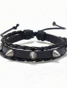 1pc Geometric Pattern Punk Cool Rivet Party PU Leather Bracelet All Seasons - Black - View 18