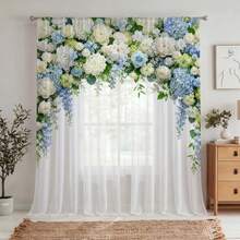 NOSBEI 1PC Light Blue White Hydrangea Rose Print Rod Pocket Curtain, Semi-Sheer Light Filtering Window Drape, Elegant Floral Arrangement For Bedroom Living Room Decor - Multicolor - View 9