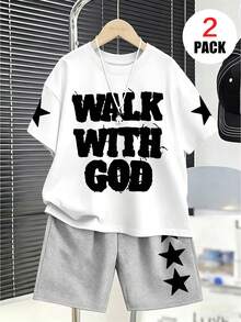 2pcs/Set Boys Outfit, Loose Top With "WALK WITH GOD" And Star Pattern + Sports Shorts, Comfortable And Soft, Suitable For Summer And Sports - Multicolor - View 1