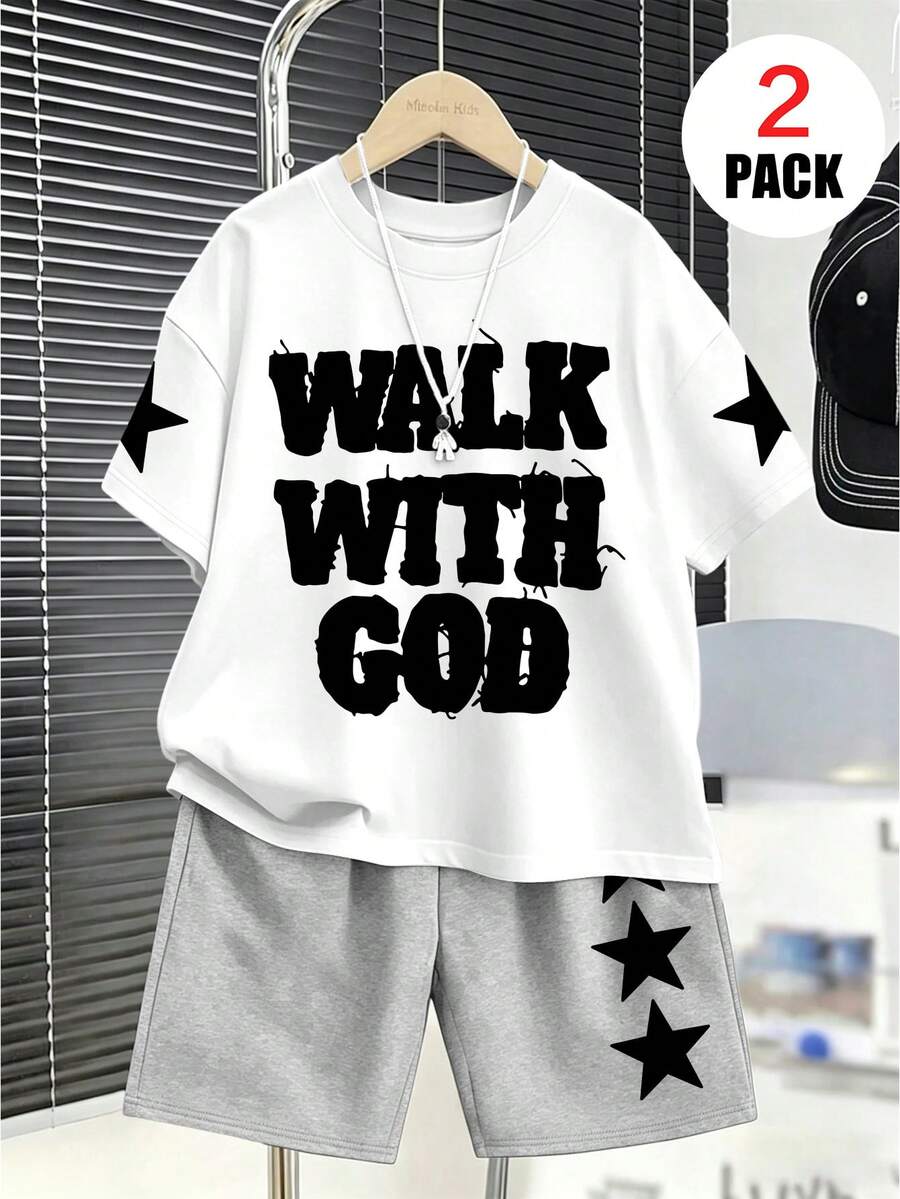 2pcs/Set Boys Outfit, Loose Top With "WALK WITH GOD" And Star Pattern + Sports Shorts, Comfortable And Soft, Suitable For Summer And Sports - Multicolor - View 1