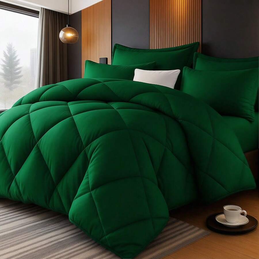 KTAbedding 2/3 PCS,Simple Diamond Grid Thick Quilt Set,For Home And Bedroom Decoration,Fluffy And Soft,All-Season Universal,Includes 1 Quilt + 1/2 Pillowcases,Ideal For Holiday Gifting - Pine Green - View 1