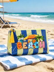 夏季海灘彩色條紋PVC化妝包，彩色「BEACH」印花旅行盥洗包，防水流蘇拉鍊收納袋，多功能收納包，海灘度假與郵輪旅行必備，返校禮物，教師節禮物 - 彩色 - 查看 10