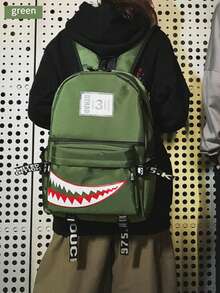 1pc Unisex Street Style New Korean Version Creative Shark Design Fashion Campus Backpack For High School And College Students, Casual School Bag (Random Webbing Print And Letter, Random Left/Right Pull Tab Direction) - Multicolor - View 10