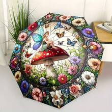 2D-tryckt färgglatt glas-paraply med blomster-, fjärils- och svampmönster, automatiskt fällbart, solskyddande, lätt och bärbart, lämpligt för utomhusfotografering, daglig pendling, anpassad semesterpresent - Multifärgad - Visa 7