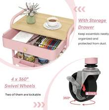 3 Tier Rolling Cart Metal Utility Cart With Wooden Table Top Drawer Hanging Cups Storage Cart For Kitchen Bathroom Office - Pink - View 3