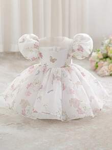 Baby Girls Puff Sleeve Beaded Bow Print Organza Cute Flower Girl Dress, Suitable For Party, Outdoor Outing, Evening Event, Fabric Pattern Random Cut, Headband Not Included - Multicolor - View 3
