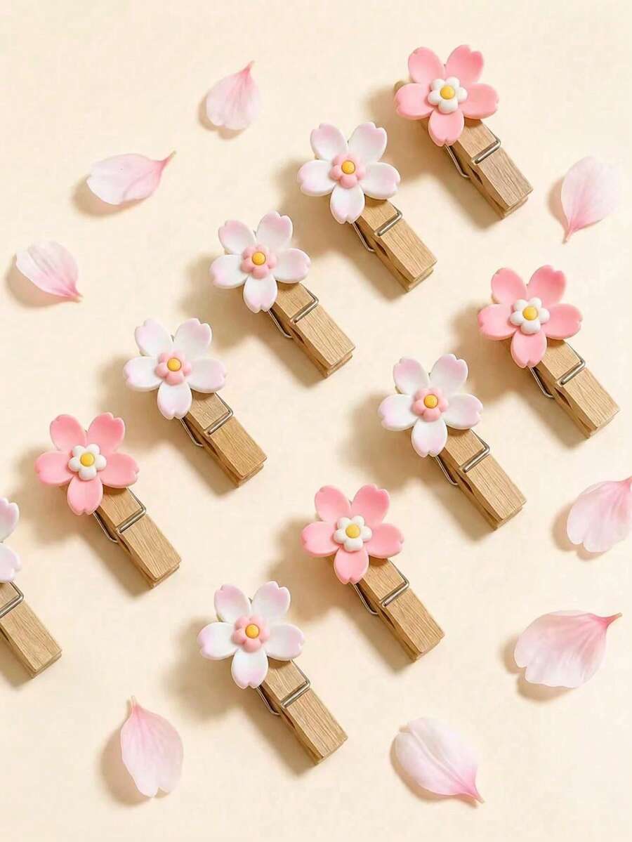 2/5/10 Sakura Clips, Durable Mini Photo Clips, Cute Wooden Photo Clips, Mini Wooden Clips, Natural Wooden Small Pointed Clips, Used For Displaying Photos, Crafts, Artworks And Cocktail Decorations, Art Wall Photo Clips - Multiple Styles - View 1
