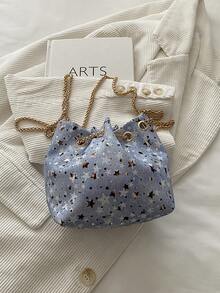 Mini New Fashion Straw Woven Gold Chain Drawstring Bucket Bag Beach Bag - Blue - View 8