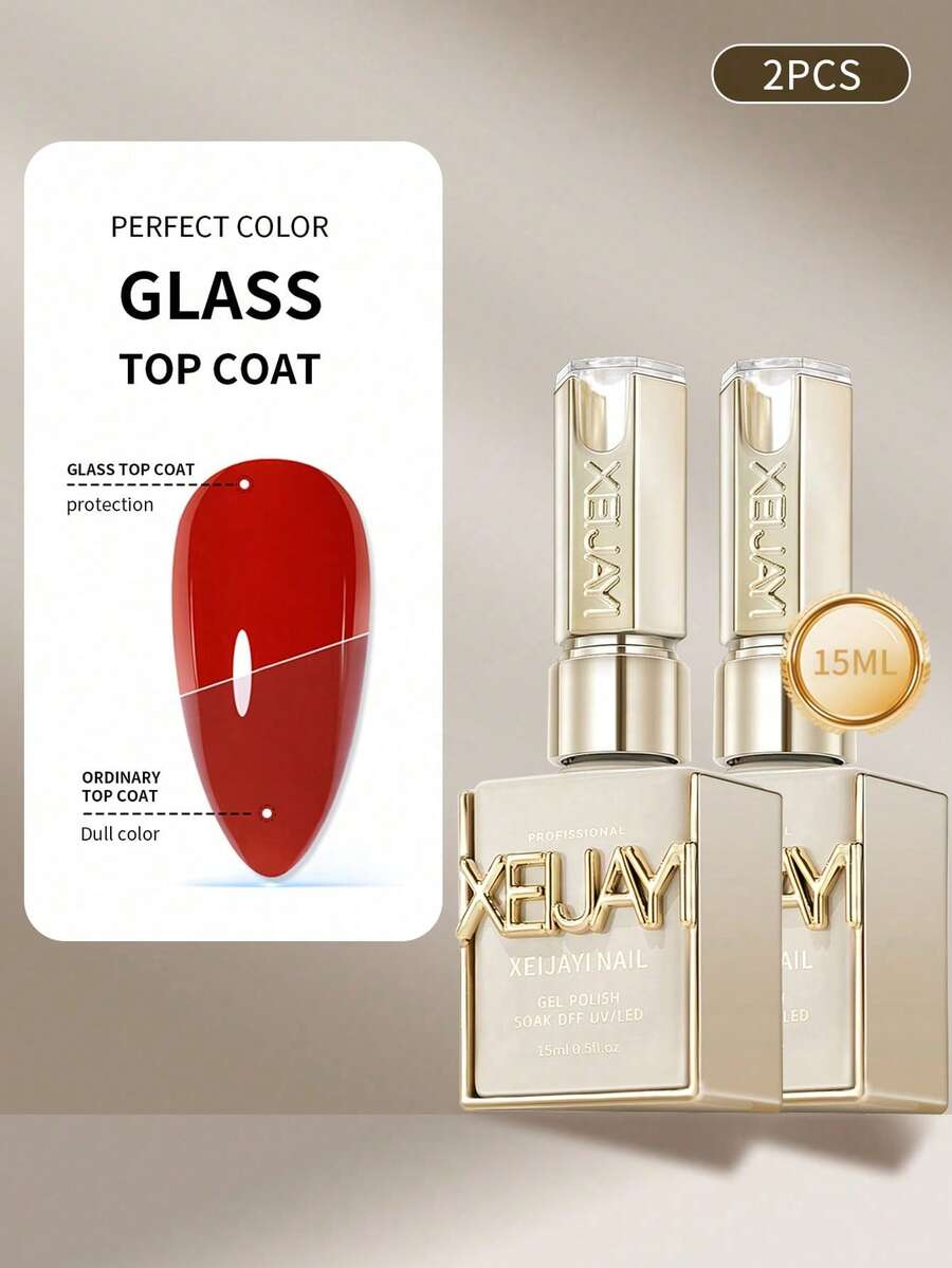 XEIJAYI 2 Bottles 15ml Glass Bottle Transparent Rubber Top Coat, LED UV Strong Nail, High Gloss Shiny Gel Nail Polish - Clear - View 1