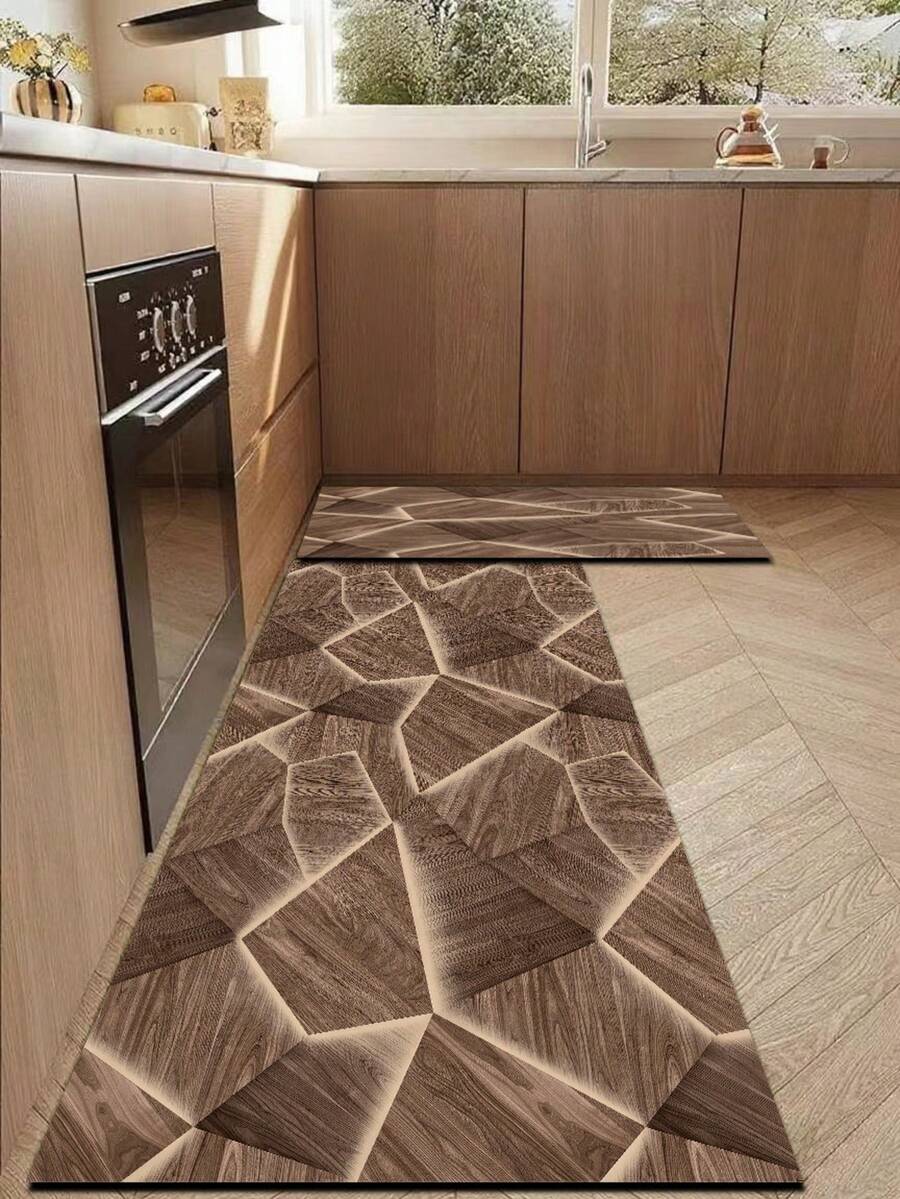 1pc Vintage Faux Wood 3D Triangle Patchwork Pattern, Suitable For Kitchen, Bathroom, Entryway, Laundry Room, Living Room, Garden, 3.5mm Cuttable Indoor Mat, Non-Slip And Absorbent, Entrance Rug, Kitchen Carpet - Multicolor - View 1
