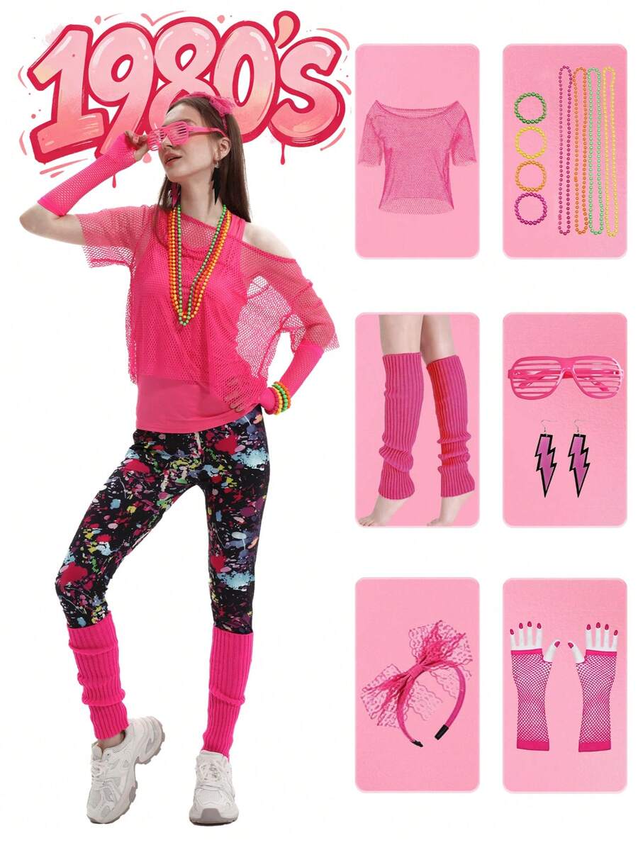 80年代女性服裝套裝:網格上衣、手套、髮箍、抓絨腿套、眼鏡、閃電耳環、4條珠飾項鍊、4條珠飾手鍊 秋季 - 玫紅色 - 查看 1