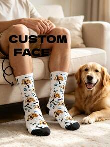 Kaos Kaki Unisex, Badan Putih dengan Ujung Jari Kaki Hitam, Dicetak dengan Jejak Kaki Biru dan Pola Tulang Hitam, Mendukung Pencetakan Foto Wajah Hewan Peliharaan Kustom - MultiWarna - View 3