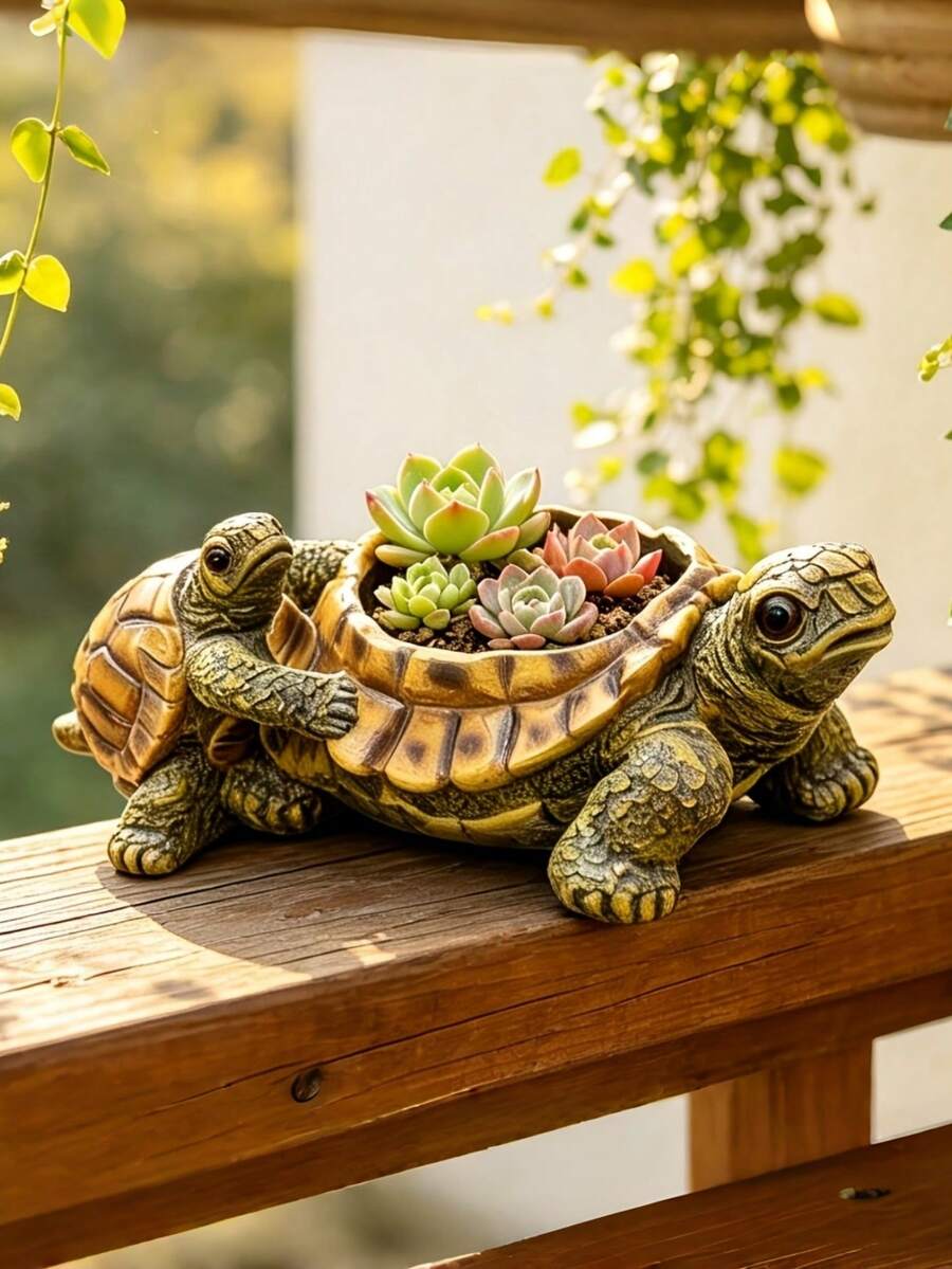 1件裝迷人母子海龜造型植栽裝飾品-創意樹脂動物雕塑,適合多肉植物與綠色植物,室內/室外園藝裝飾,陽台、露台、花園適用,完美海龜主題花園裝飾 - A - 查看 1