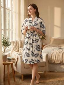 Robe de chambre style kimono pour femmes avec imprimé feuille de fougère, peignoir léger en mélange de coton col en V, manches 3/4, ceinture à nouer, poche, vêtement de nuit, tenue d'intérieur douce et respirante, convient pour la mariée, le spa, le sommeil quotidien à la maison, robe de chambre décontractée pour femmes - Multicolore - Voir 5