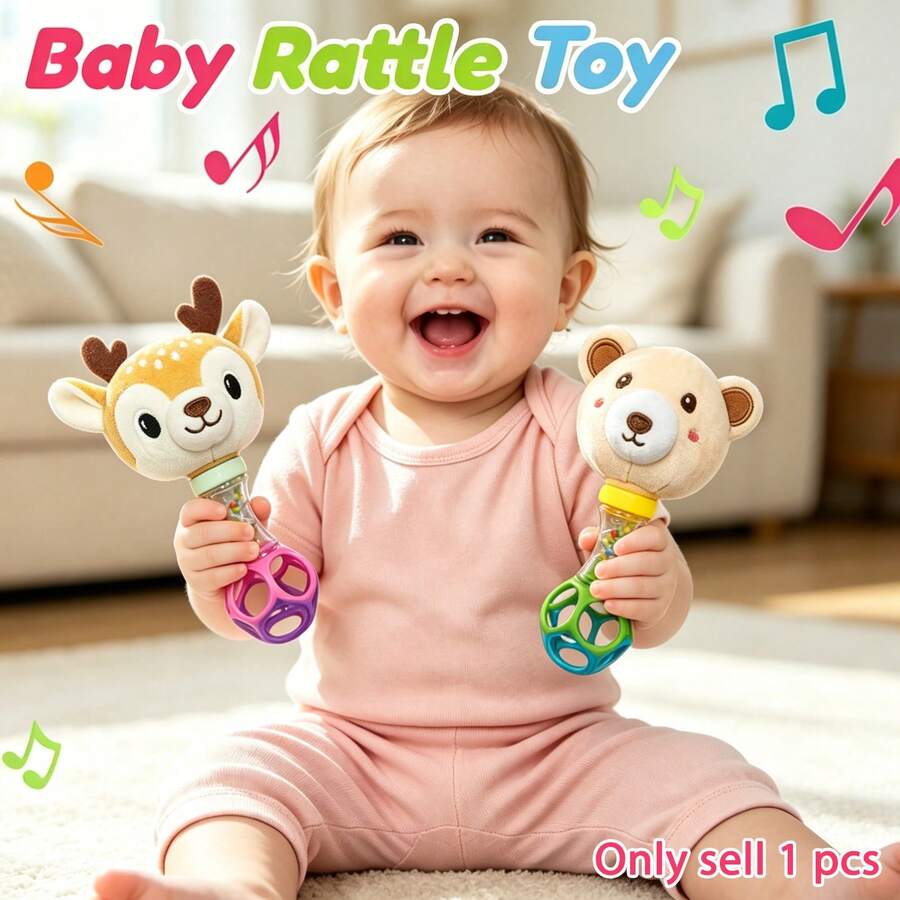 Cute Deer/Bear Baby Rattle Stick, Plush Animal Shaker Toy, Early Educational Sensory Rattle For Newborn 0+ Months - Multicolor - View 1