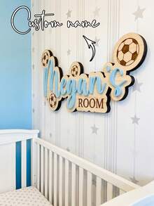 Customized Football Theme Wooden Name Plate Wall Decor, 3D Double-Layered Overlap Design, 30cm/40cm/50cm Sizes, Personalized Name Sign Birthday Gift - Black - View 5
