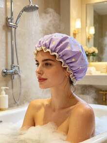 1pc Printed Double-Layer Thickened Bath Cap, Shower Cap For Drying Hair, Adult Hair Washing Cap For Home And Kitchen Oil Smoke Protection - Multicolor - View 1