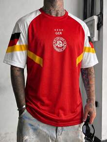 Fractyr Ropa Deportiva Callejera para Hombres, Camiseta de Fútbol de Manga Corta con Diseño de Bandera Nacional Alemana y Ajuste Holgado - Rojo - Ver 3