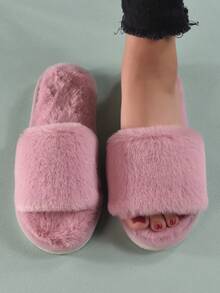 Zapatillas de dormitorio minimalistas y peludas de color negro para otoño/invierno, zapatillas esponjosas - Rosa vieja - Ver 3