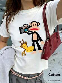 Paul Frank Women's Summer Short-Sleeved T-Shirt, Featuring A Cartoon 'Big Mouth Monkey' And Giraffe Design; Soft, Drapey And Breathable Women's Short-Sleeved Top - White - View 5