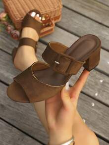 Solid Color Party Fabric Faux Button High Heel Sandals, Suitable For Party, Outdoor, Holiday, Office, Wedding, All Seasons - Brown - View 6