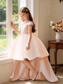 Young Girls Cap Sleeve Sequin Embroidered Satin Elegant Trailing Gown Suitable For Party And Runway, Fabric Pattern Randomly Cut, Headband Not Included - Baby Pink - View 6