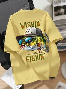 男童趣味釣魚T恤，寬鬆涼爽卡通大口鱸魚「Wishin' I Was Fishin'」印花短袖，夏季釣魚休閒街頭風上衣 - 黃色 - 查看 3