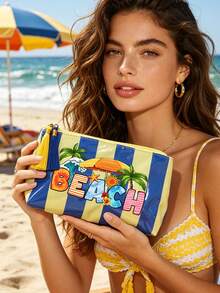夏季海灘彩色條紋PVC化妝包，彩色「BEACH」印花旅行盥洗包，防水流蘇拉鍊收納袋，多功能收納包，海灘度假與郵輪旅行必備，返校禮物，教師節禮物 - 彩色 - 查看 2