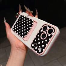 Minimalist Retro Black And White Polka Dot Pattern Litchi Texture Shockproof Phone Case Protective Cover, Compatible With Apple 11, 12, 13, 14, 12PROMAX, 13PROMAX, 15, 15PRO, 15PLUS, 15PROMAX, 16, 16Pro, 16Plus, 16Promax, 17, 17Pro, 17AIR, 17Promax And Other Phone Models, Great Choice For Couples And Holiday Gifts - Pink - View 2