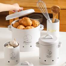 3-Piece Kitchen Storage Canister Set, White Metal Potato Onion Garlic Storage Bins With Lids, Ventilated Food Storage Containers, Farmhouse Style Kitchen Root Vegetable Storage Rack, Fresh-Keeping - White - View 2
