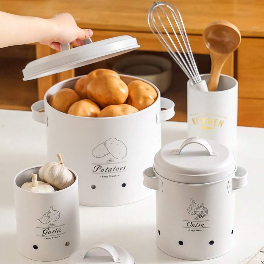 3-Piece Kitchen Storage Canister Set, White Metal Potato Onion Garlic Storage Bins With Lids, Ventilated Food Storage Containers, Farmhouse Style Kitchen Root Vegetable Storage Rack, Fresh-Keeping