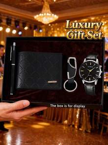 4-Piece Men's Business Luxury Gift Set, Black Dial Silver Rim Leather Strap Quartz Watch Paired With Embossed Wallet, Multi-Function Keychain And Business Pen, Sophisticated And Elegant, Perfect Birthday, Valentine's Day Or Father's Day Gift For Boyfriend, Son Or Father, Showcasing Mature Men's Charm - Black - View 7
