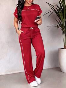 Spring Summer Autumn Women's New Solid Color Minimalist Round Neck Short Sleeve Top And High Waist Straight Leg Pants 2-Piece Set - Red 66 - View 2