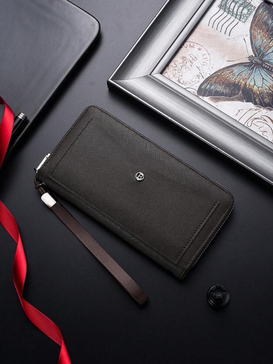 SHABILI 1pc Solid Color PU Large Capacity Zipper Business Wallet Clutch Phone Bag For Men, Commuting, Students, Daily Use