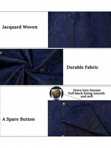 Big & Tall Navy Paisley Jacquard Lapel Vest Set With Gold Buttons, Formal Waistcoat With Tie, Gold Tie Clip - Navy Blue - View 6