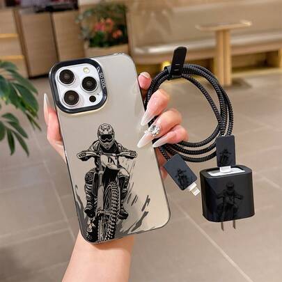6pcs Set Integrated Colorful Silver Black Cartoon Motorcycle Pattern Phone Case + Charger Head Cover + Cable Protector + Storage Rope + Data Cable Protector Wrap Rope TPU Shockproof Protective Shell Apple Phone Case Compatible With Apple 6 7 8 XXs XR XS Max 11 12 13 14 15 16 Pro Max Suitable As Birthday And Christmas Gift For Couples, Women, Daughters, Boyfriends, Girlfriends, Teenage Girls