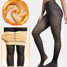 Women's Thick Plush Lined Translucent Fleece Winter Warm Thermal Tights - Black - View 2