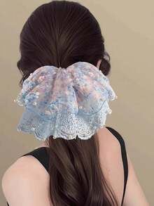 1pc Mint Summer~Summer Mesh Double Layer Lace Pearl Scrunchie Women's Ethereal Floral Travel Hair Accessory Ponytail Hair Ties Elastics Rubber Bands - Multicolor - View 1