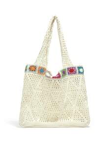 Dedoo Bolso de hombro bohemio de moda multicolor, diseño de ganchillo con patrón de tortuga marina, bolso de gran capacidad con apertura superior, material de poliéster beige con sensación v - Albaricoque - Ver 7