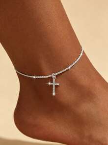 1pc Bohemian Style Personalized Sparkling Shimmering Cross Anklet For Women, Suitable For Daily Casual And Beach Vacation Wear, Party Accessory, Also As A Gift For Friends - Silver - View 6