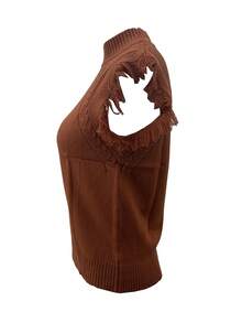 Women's Plus Size Solid Color Stand Collar Tassel Design Knit Vest Brown Fall - Brown - View 4