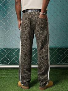 EVRINFINITE Jeans rectos de pierna con estampado de leopardo y rayas lavados, moda callejera para hombres - Multicolor - Ver 2