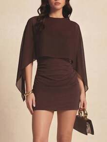 Vestido corto ligero 2 en 1 de color liso con mangas murciélago, ideal para citas nocturnas, vacaciones, fiestas de cumpleaños y uso diario. Elegante. - Café integral - Ver 1