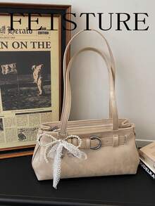 FEISTURE 1pc Strap Decor Vintage Shoulder Bag, PU Material Underarm Bag, Sold With Charm, Suitable For Daily Outings, Dates, Commuting - Khaki - View 6