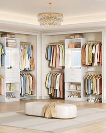 HaluPeit 4-9.8FT Closet System With LED Smart Mirror, Walk-In Closet Organizer System Wooden Storage Systems With 3-Color Dimmable Touch Mirror, 4 Hang Rods, 3 Drawers & 2 SHELF, White - White - View 1