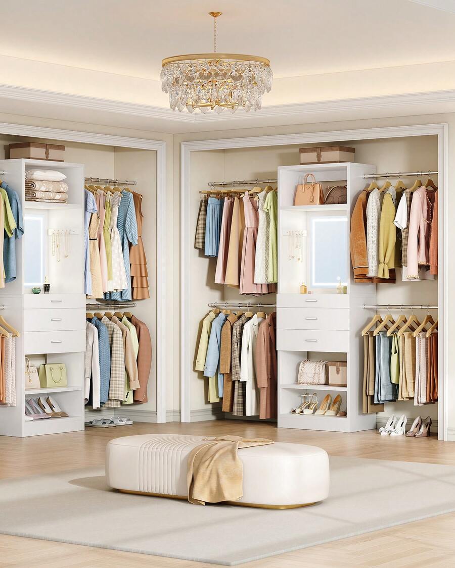 HaluPeit 4-9.8FT Closet System With LED Smart Mirror, Walk-In Closet Organizer System Wooden Storage Systems With 3-Color Dimmable Touch Mirror, 4 Hang Rods, 3 Drawers & 2 SHELF, White - White - View 1