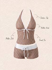 New Summer Fresh Sweet Cute Style Coffee & White Plaid Polka Dot Halter Neck Bikini Set For Beach Vacation Leisure - Multicolor - View 2