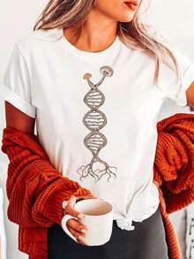 Summer 2026 Pure Cotton T-Shirt With  Mushroom And DNA Letter Print, Casual Short Sleeve Round Neck Top, Women's Spring/Summer Clothing - Unisex T-Shirt - 白色 - 查看 1