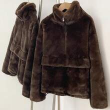 OFTBUY Jaket Pendek Bulu Imitasi Wanita, Kerah Tegak Lengan Panjang, Pakaian Musim Dingin yang Hangat - Coffee Brown - View 11