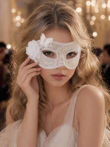 1pc Women's Black & White Party Sexy Vintage Masquerade Performance Mask, Semi-Transparent Floral Pattern Half Face Mask With Tie, Eye Mask, All Season - Multicolor - View 2